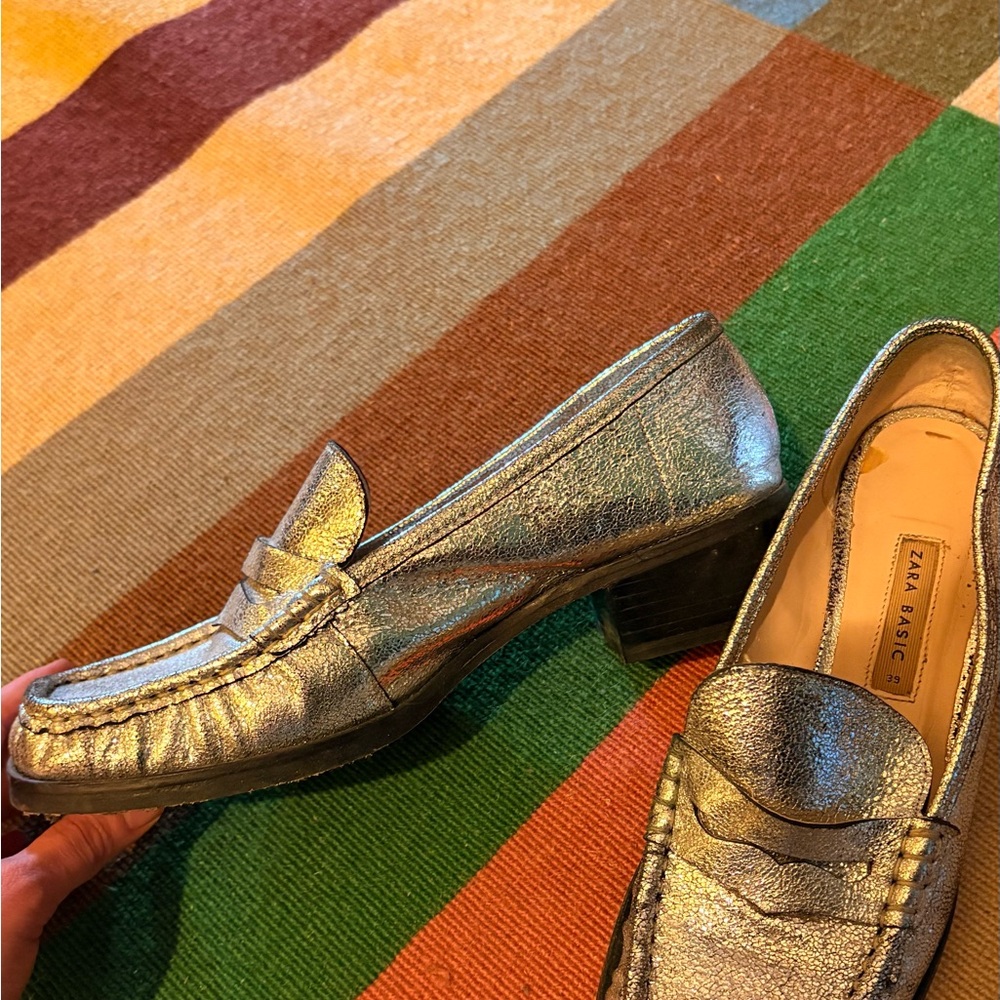 Zara Metallic Silver Penny Loafers 39 - Picture 6 of 7